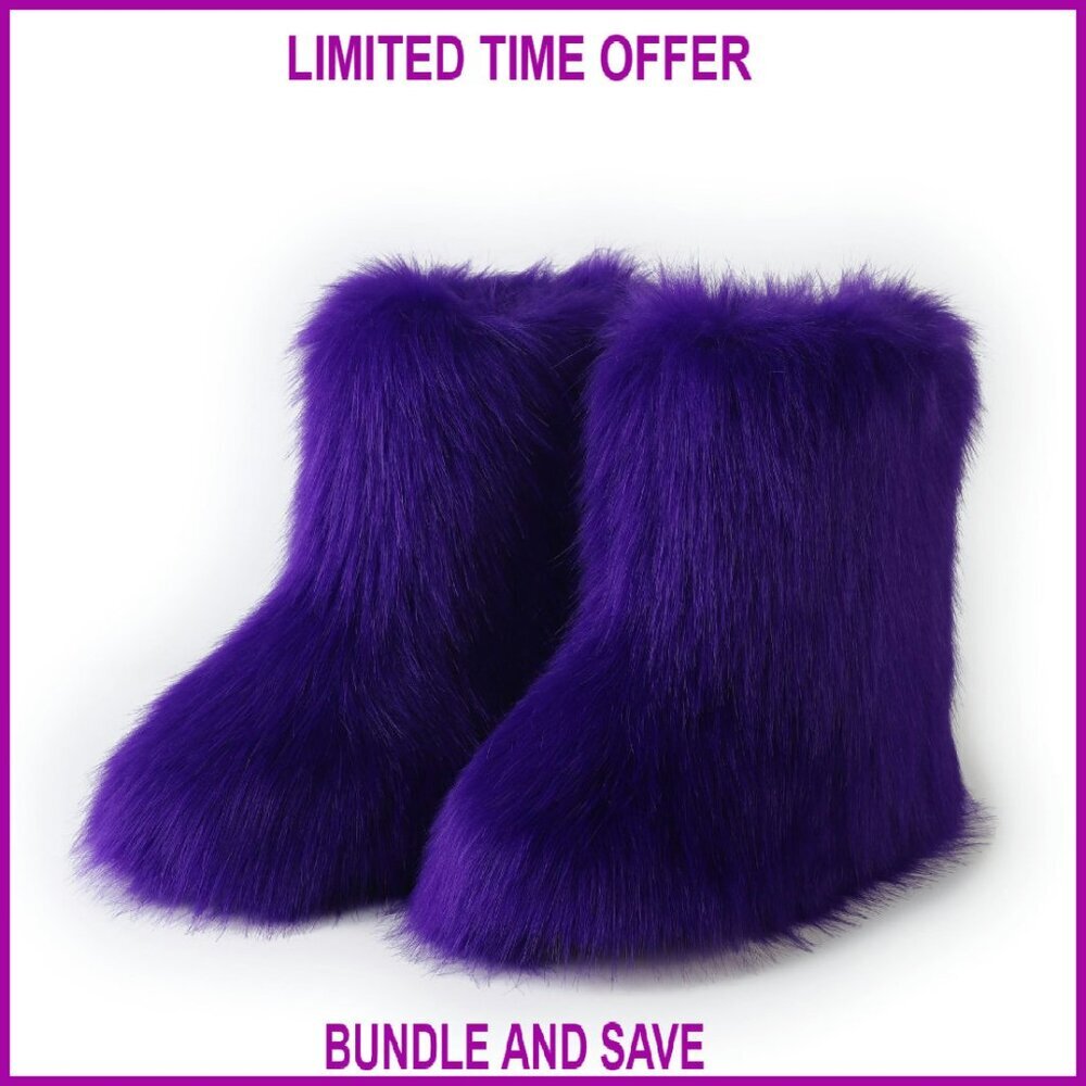 Faux Fur Winter Snow Boots, Suede Round Toe, Warm Plush Mid-Calf Knee High